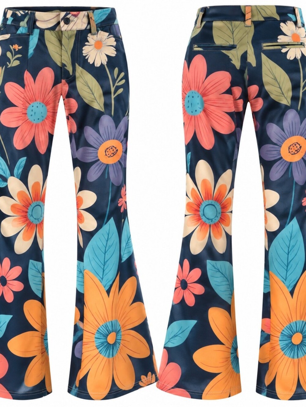 Floral Wide-Leg Jumpsuit Pants - Navy with Multicolor Blooms